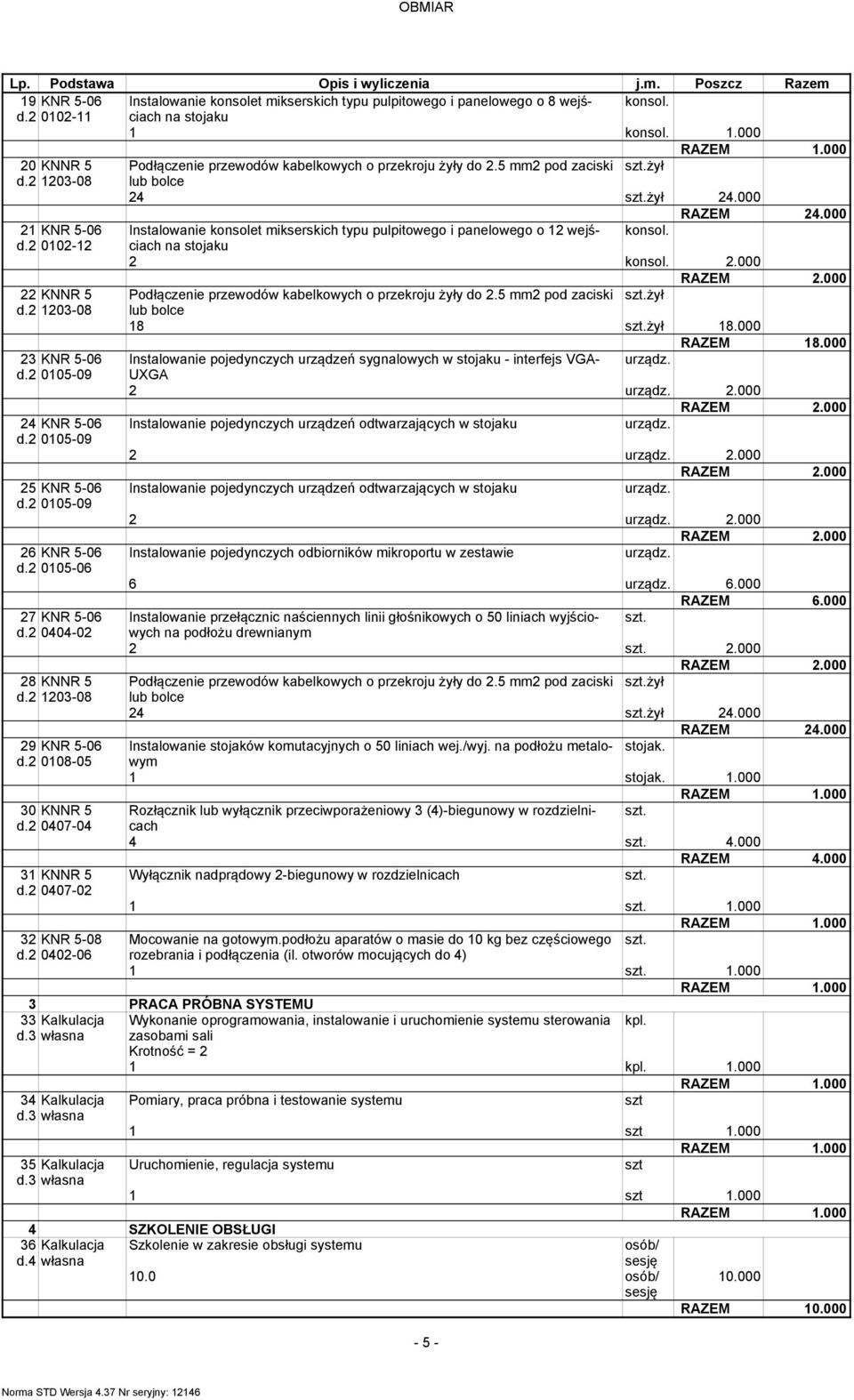 5 mm2 pod zaciski żył 18 żył 18.000 RAZEM 18.000 23 KNR 5-06 Instalowanie pojedynczych urządzeń sygnalowych w stojaku - interfejs VGA- d.