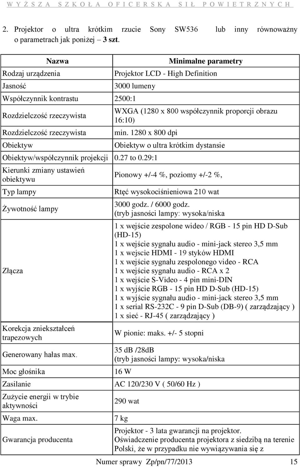 800 współczynnik proporcji obrazu 16:10) min. 1280 x 800 dpi Obiektyw/współczynnik projekcji 0.27 to 0.