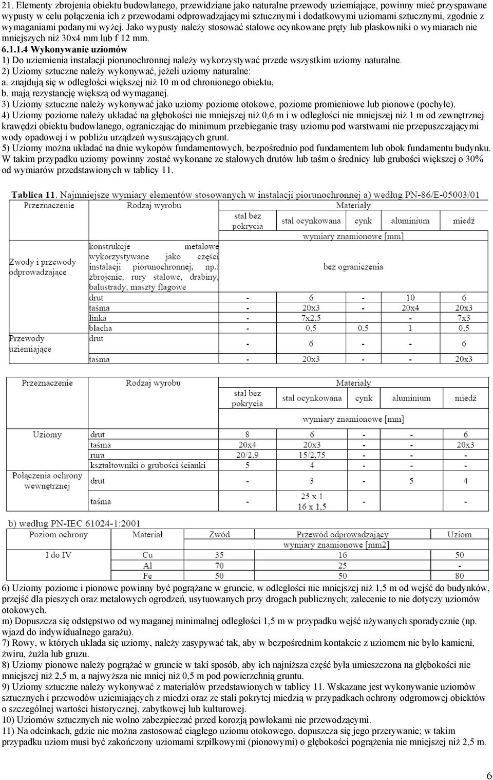 mm. 6.1.1.4 Wykonywanie uziomów 1) Do uziemienia instalacji piorunochronnej należy wykorzystywać przede wszystkim uziomy naturalne. 2) Uziomy sztuczne należy wykonywać, jeżeli uziomy naturalne: a.