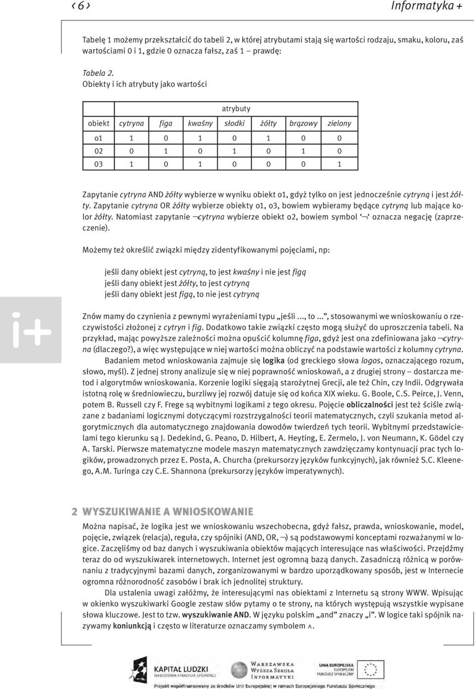 obiekt o1, gdyż tylko on jest jednocześnie cytryną i jest żółty. Zapytanie cytryna OR żółty wybierze obiekty o1, o3, bowiem wybieramy będące cytryną lub mające kolor żółty.