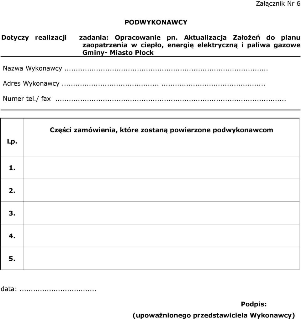 Gminy- Miasto Płock Nazwa Wykonawcy... Adres Wykonawcy...... Numer tel./ fax... Lp.