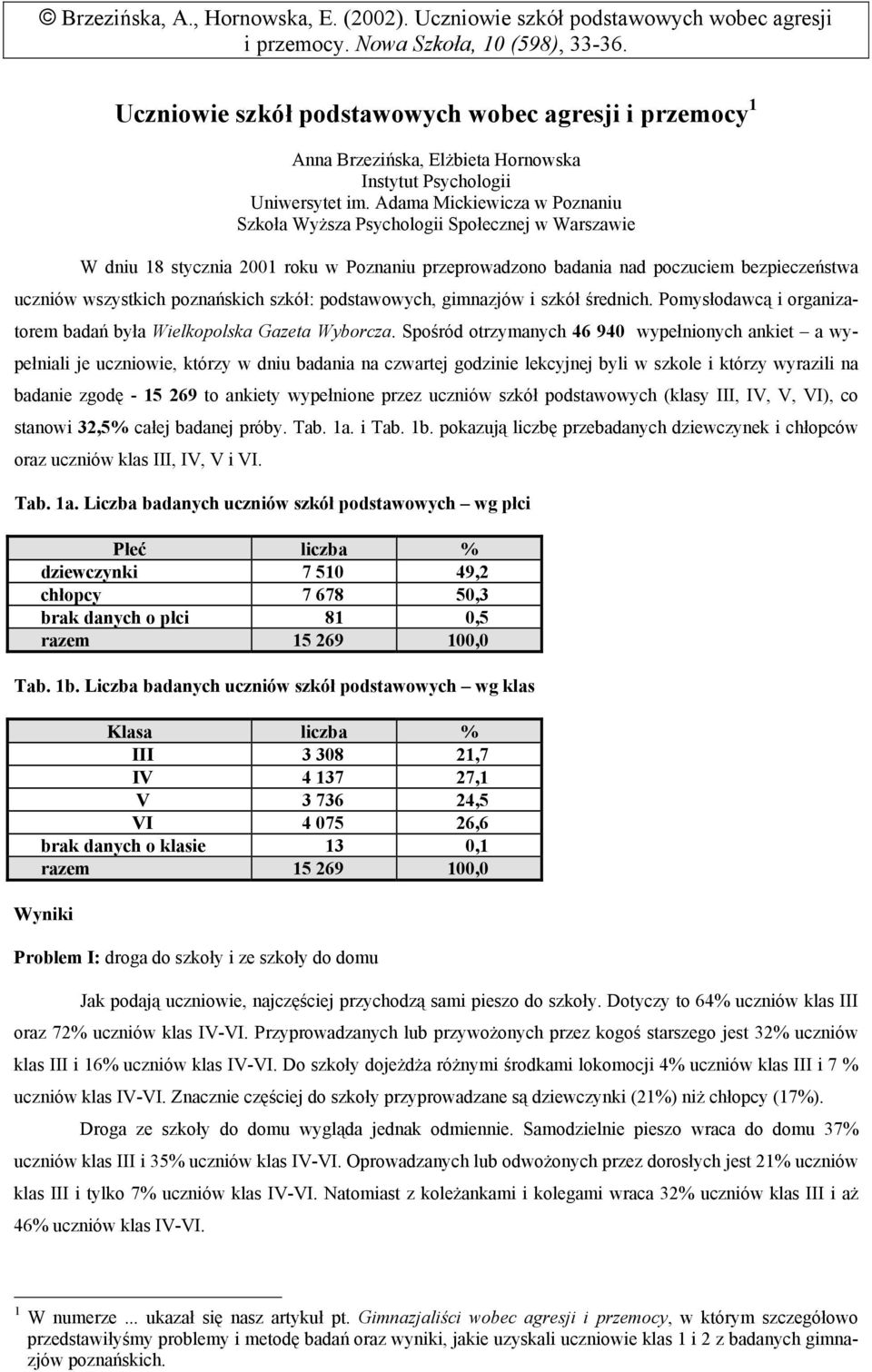 Adama Mickiewicza w Poznaniu Szkoła Wyższa Psychologii Społecznej w Warszawie W dniu 18 stycznia 2001 roku w Poznaniu przeprowadzono badania nad poczuciem bezpieczeństwa uczniów wszystkich