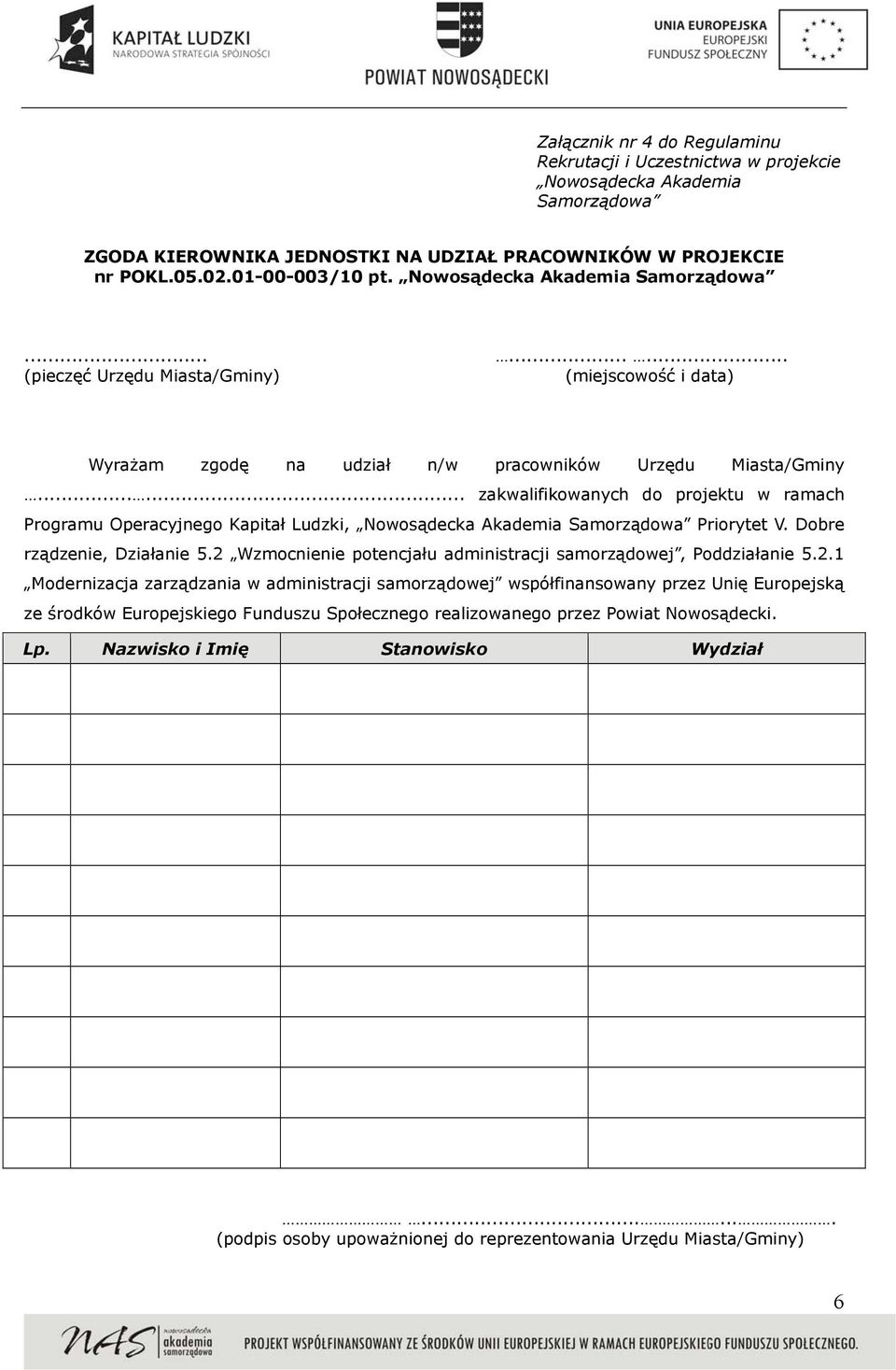 ..... zakwalifikowanych do projektu w ramach Programu Operacyjnego Kapitał Ludzki, Nowosądecka Akademia Samorządowa Priorytet V. Dobre rządzenie, Działanie 5.