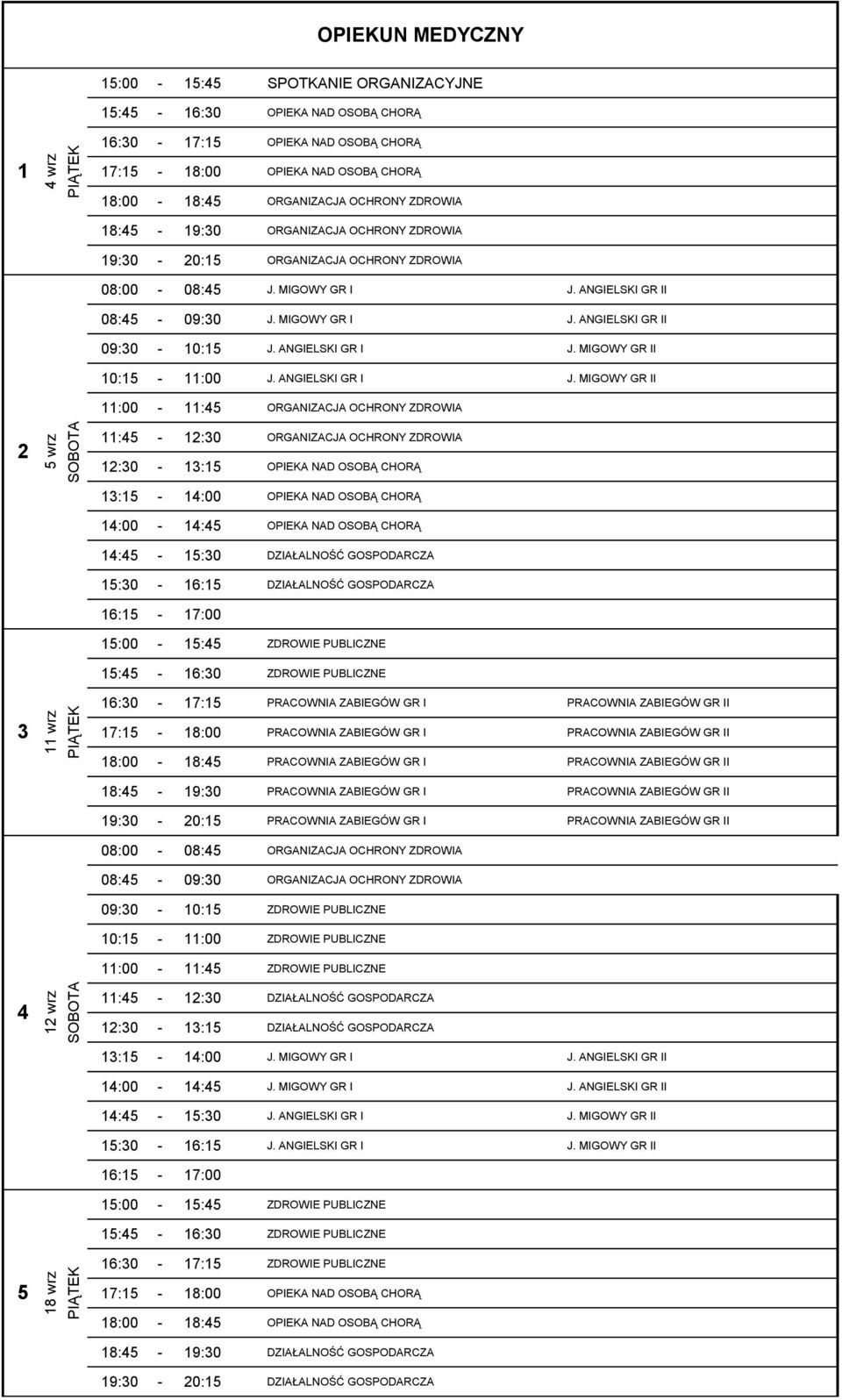 MIGOWY GR II 11:00-11:45 ORGANIZACJA OCHRONY ZDROWIA 2 3 11:45-12:30 ORGANIZACJA OCHRONY ZDROWIA 12:30-13:15 OPIEKA NAD OSOBĄ CHORĄ 13:15-14:00 OPIEKA NAD OSOBĄ CHORĄ 14:00-14:45 OPIEKA NAD OSOBĄ