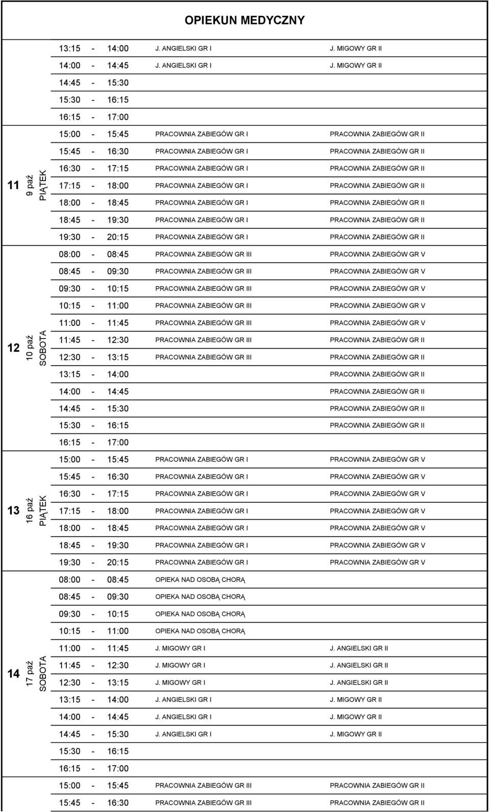 MIGOWY GR II 15:00-15:45 PRACOWNIA ZABIEGÓW GR I PRACOWNIA ZABIEGÓW GR II 15:45-16:30 PRACOWNIA ZABIEGÓW GR I PRACOWNIA ZABIEGÓW GR II 11 16:30-17:15 PRACOWNIA ZABIEGÓW GR I PRACOWNIA ZABIEGÓW GR II