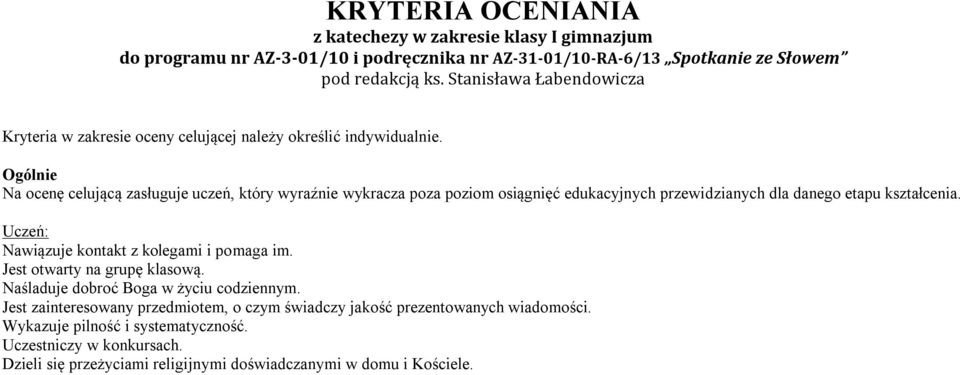 Ogólnie Na ocenę celującą zasługuje uczeń, który wyraźnie wykracza poza poziom osiągnięć edukacyjnych przewidzianych dla danego etapu kształcenia.