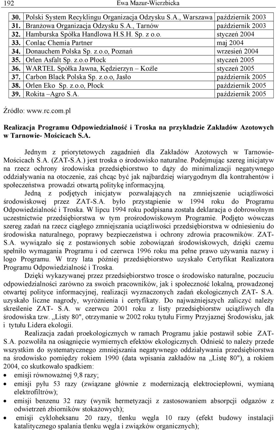 WARTEL Spółka Jawna, Kędzierzyn Koźle styczeń 2005 37. Carbon Black Polska Sp. z.o.o, Jasło październik 2005 38. Orlen Eko Sp. z.o.o, Płock październik 2005 39. Rokita Agro S.A. październik 2005 Źródło: www.