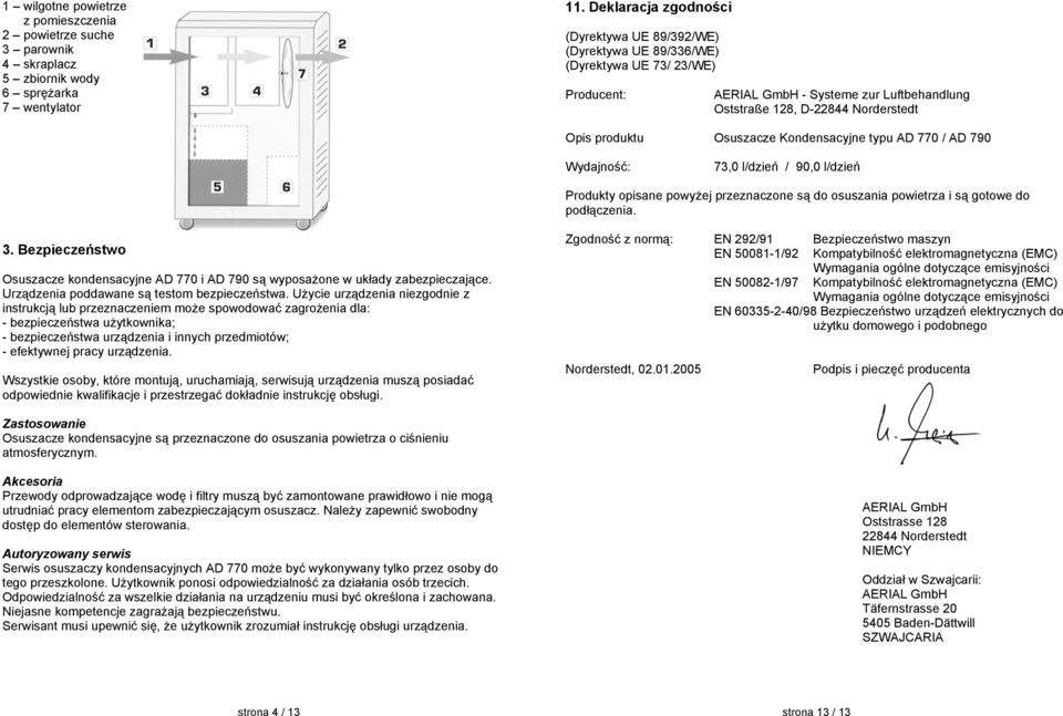 Osuszacze Kondensacyjne typu AD 770 / AD 790 Wydajność: 73,0 l/dzień / 90,0 l/dzień Produkty opisane powyżej przeznaczone są do osuszania powietrza i są gotowe do podłączenia. 3.