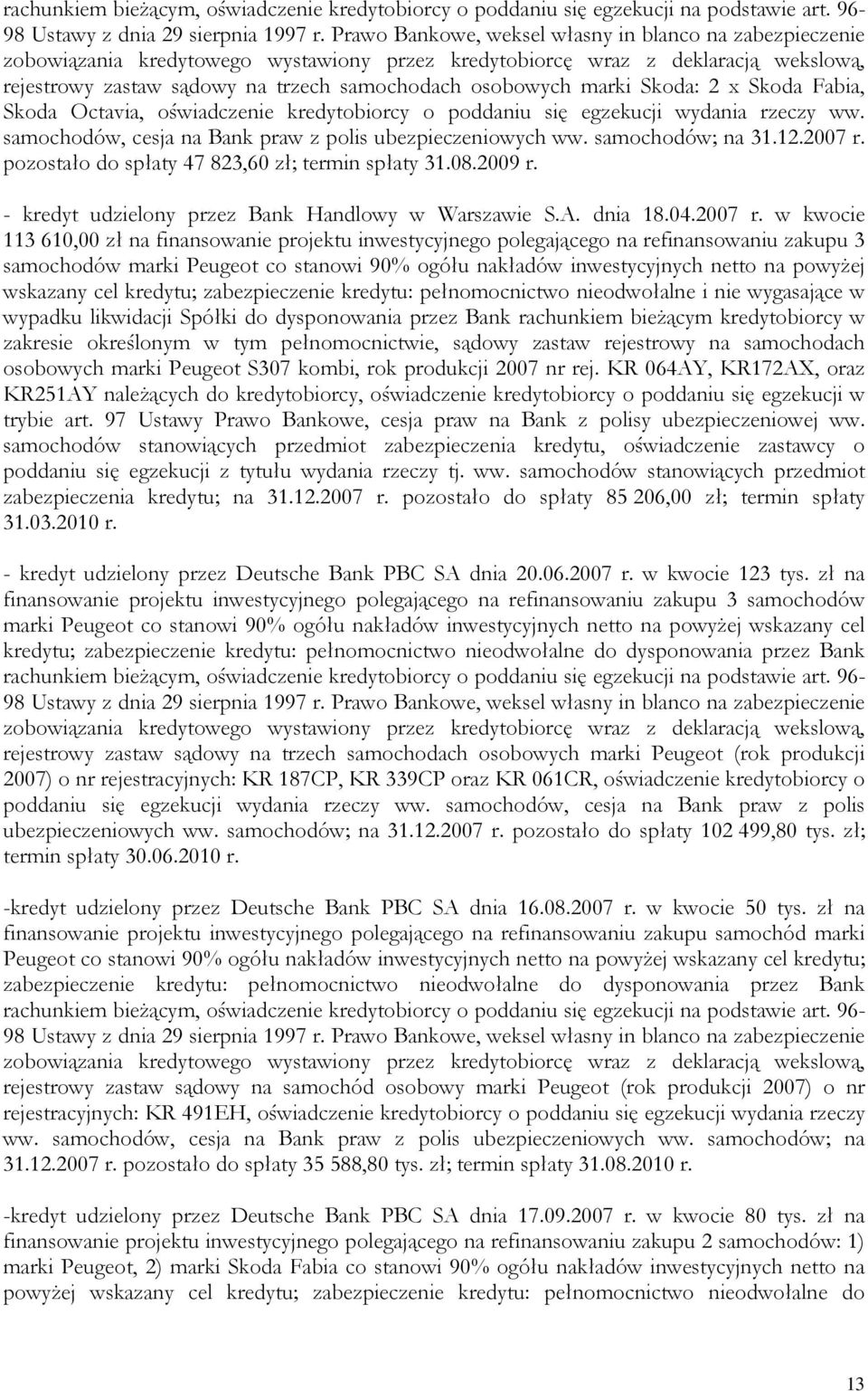 marki Skoda: 2 x Skoda Fabia, Skoda Octavia, oświadczenie kredytobiorcy o poddaniu się egzekucji wydania rzeczy ww. samochodów, cesja na Bank praw z polis ubezpieczeniowych ww. samochodów; na 31.12.