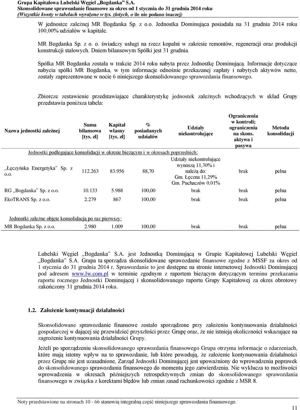 Informacje dotyczące nabycia spółki MR Bogdanka, w tym informacje odnośnie przekazanej zapłaty i nabytych aktywów netto, zostały zaprezentowane w nocie 6 niniejszego skonsolidowanego sprawozdania