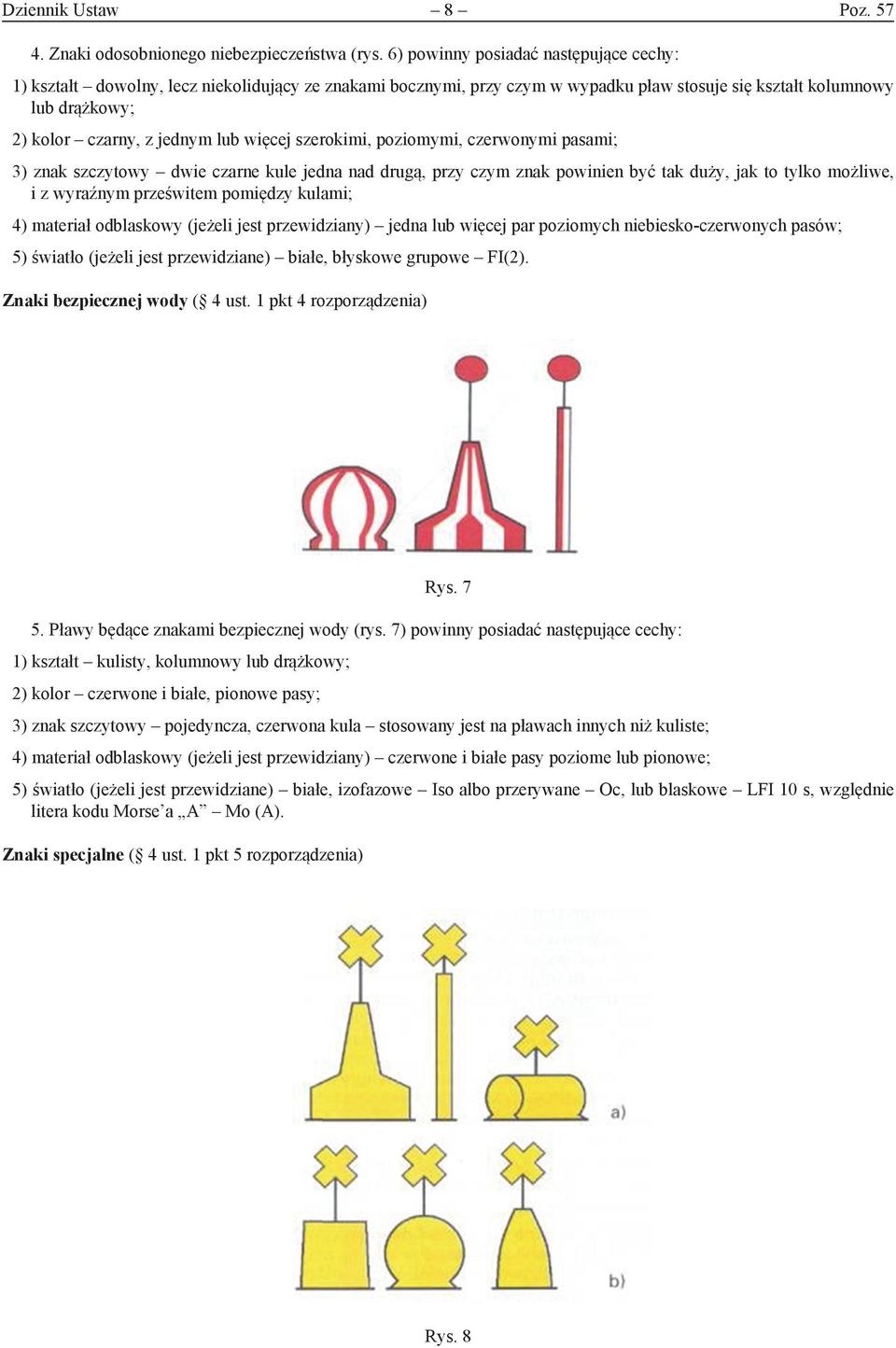 sz6) zerokimi, powinny posiadać oziomymi, następujące czerwonymic cechy: i pasami; 1) kształt dowolny, lecz niekolidujący ze znakami bocznymi, przy czym w wypadku pław stosuje się kształt kolumnowy