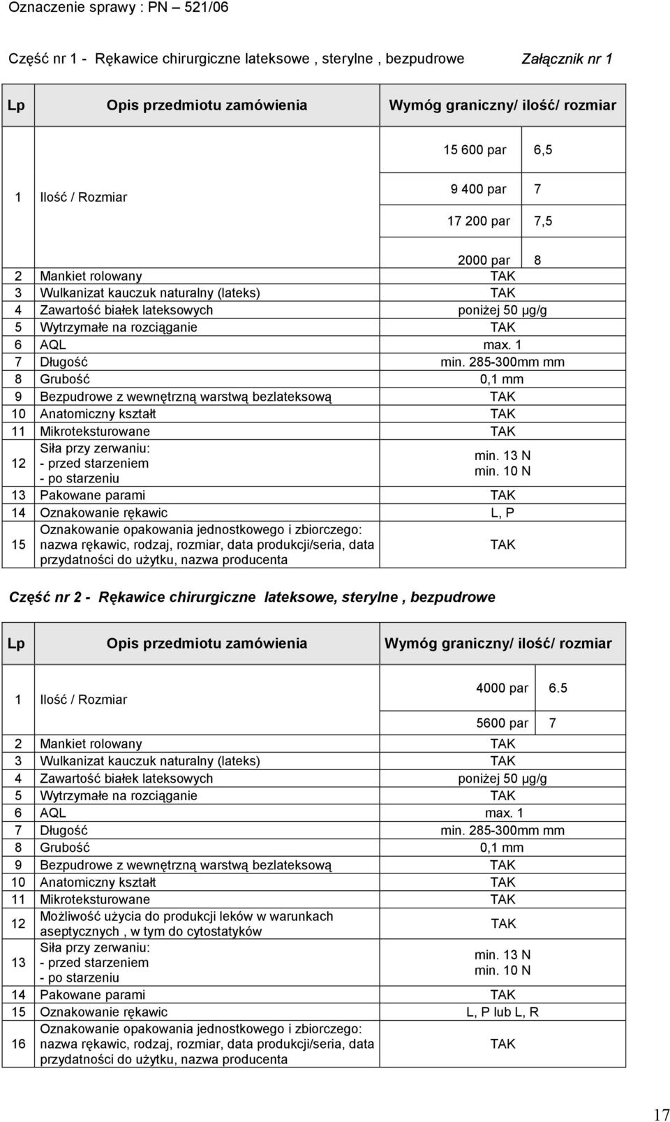 10 N 13 Pakowane parami 14 Oznakowanie L, P 15 Część nr 2 - Rękawice chirurgiczne lateksowe, sterylne, bezpudrowe 1 Ilość / Rozmiar 4000 par 6.