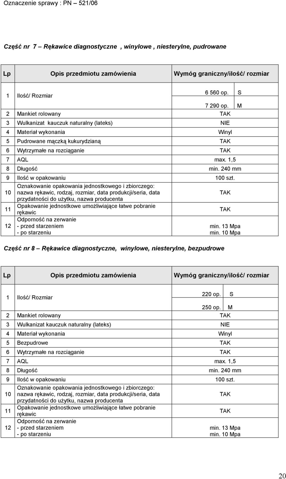 240 mm 9 Ilość w opakowaniu 100 szt. 10 Odporność na zerwanie min. 13 Mpa min.