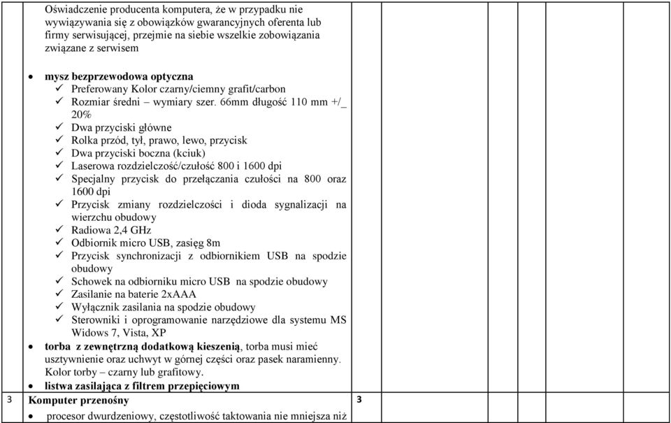 66mm długość 110 mm +/_ 20% Dwa przyciski główne Rolka przód, tył, prawo, lewo, przycisk Dwa przyciski boczna (kciuk) Laserowa rozdzielczość/czułość 800 i 1600 dpi Specjalny przycisk do przełączania