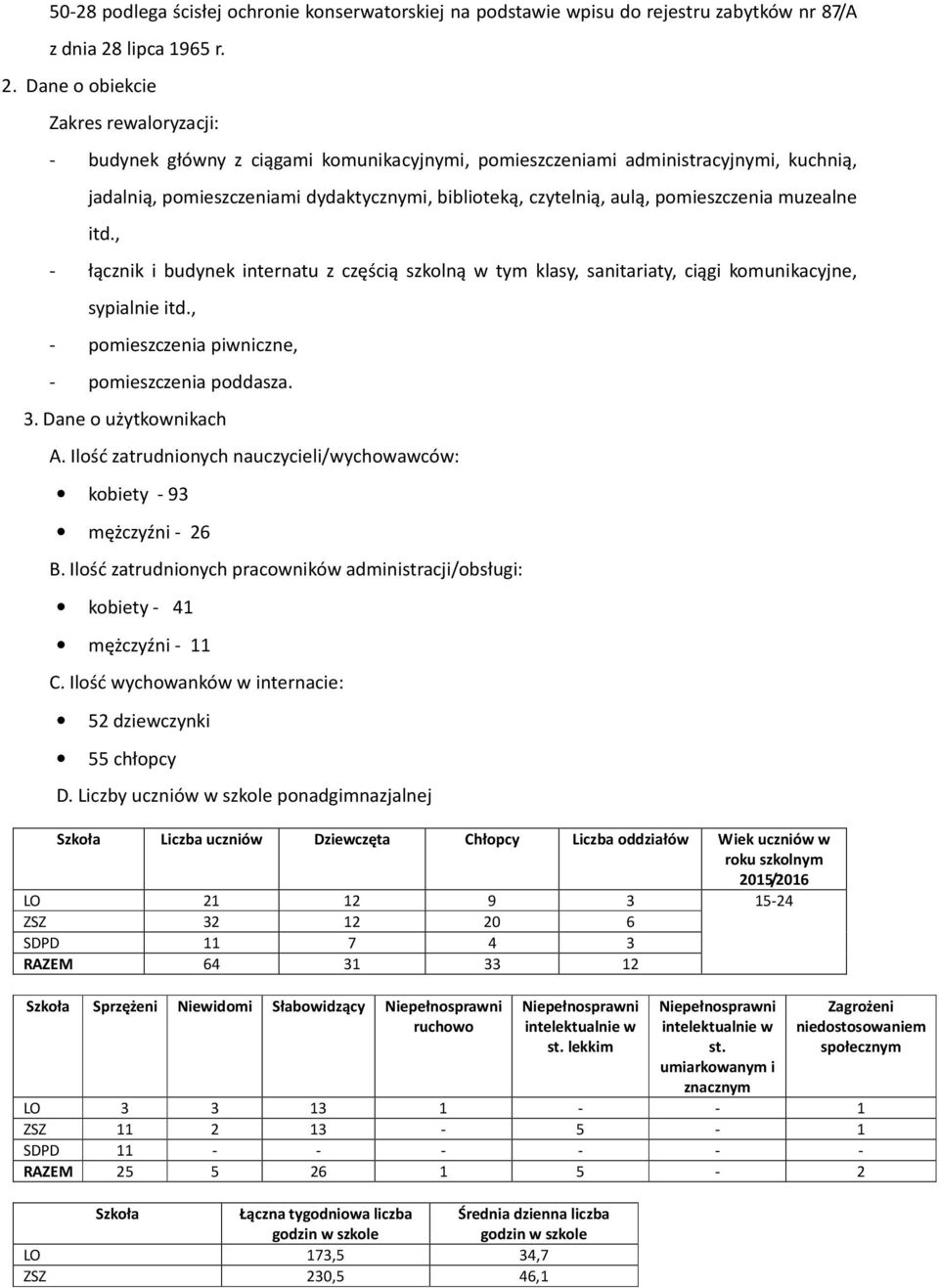 Dane o obiekcie Zakres rewaloryzacji: - budynek główny z ciągami komunikacyjnymi, pomieszczeniami administracyjnymi, kuchnią, jadalnią, pomieszczeniami dydaktycznymi, biblioteką, czytelnią, aulą,