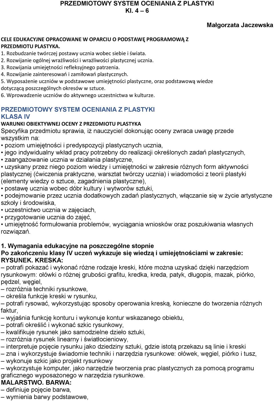 Wyposażenie uczniów w podstawowe umiejętności plastyczne, oraz podstawową wiedze dotyczącą poszczególnych okresów w sztuce. 6. Wprowadzenie uczniów do aktywnego uczestnictwa w kulturze.