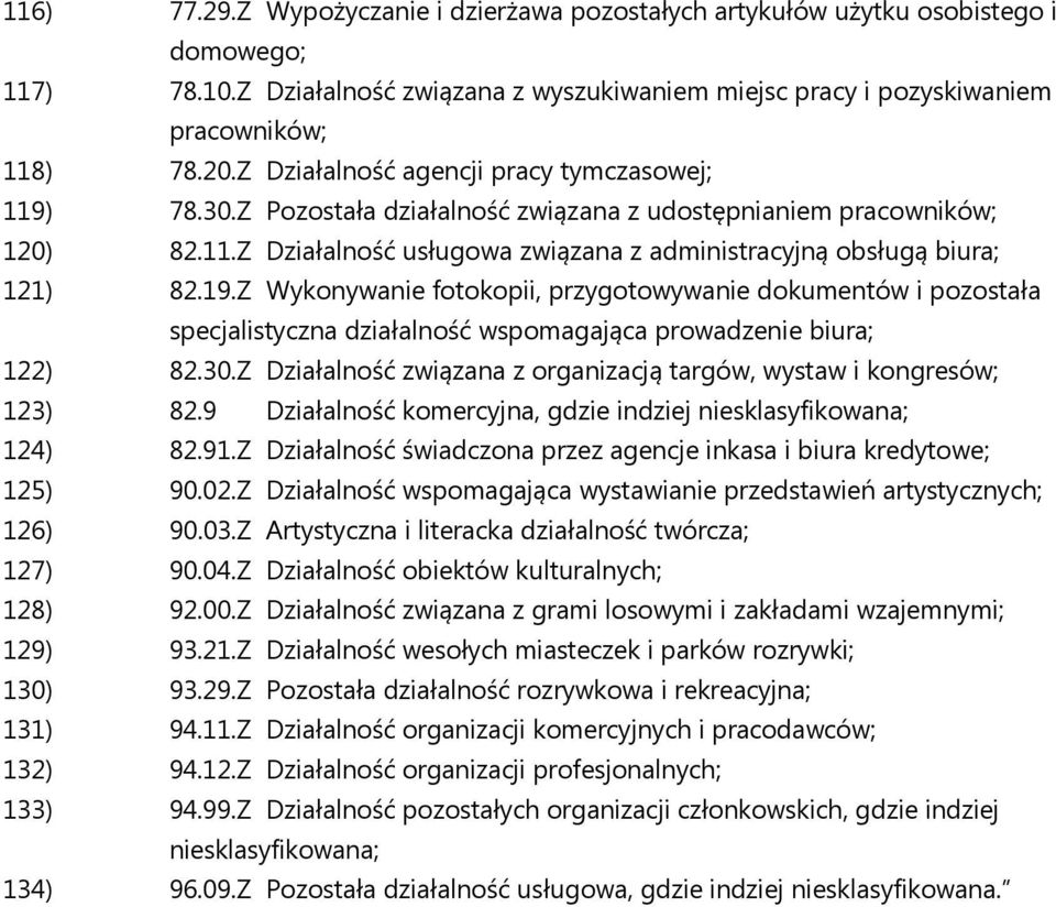 19.Z Wykonywanie fotokopii, przygotowywanie dokumentów i pozostała specjalistyczna działalność wspomagająca prowadzenie biura; 122) 82.30.