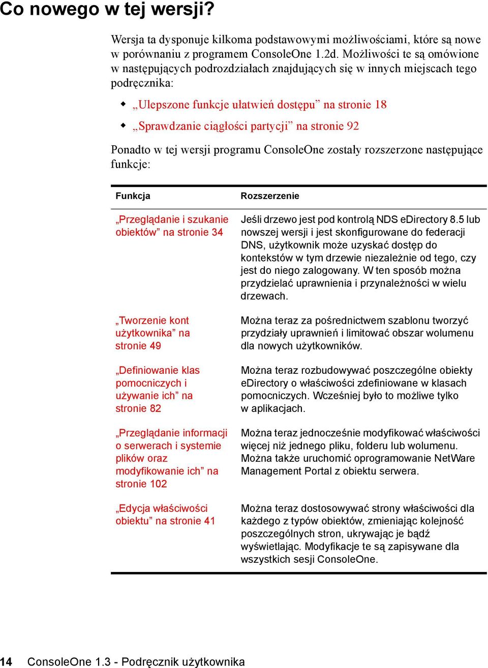 stronie 92 Ponadto w tej wersji programu ConsoleOne zostały rozszerzone następujące funkcje: Funkcja Przeglądanie i szukanie obiektów na stronie 34 Tworzenie kont użytkownika na stronie 49