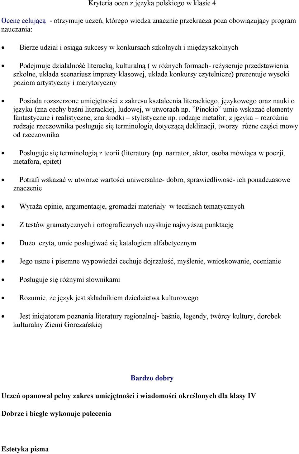 prezentuje wysoki poziom artystyczny i merytoryczny Posiada rozszerzone umiejętności z zakresu kształcenia literackiego, językowego oraz nauki o języku (zna cechy baśni literackiej, ludowej, w