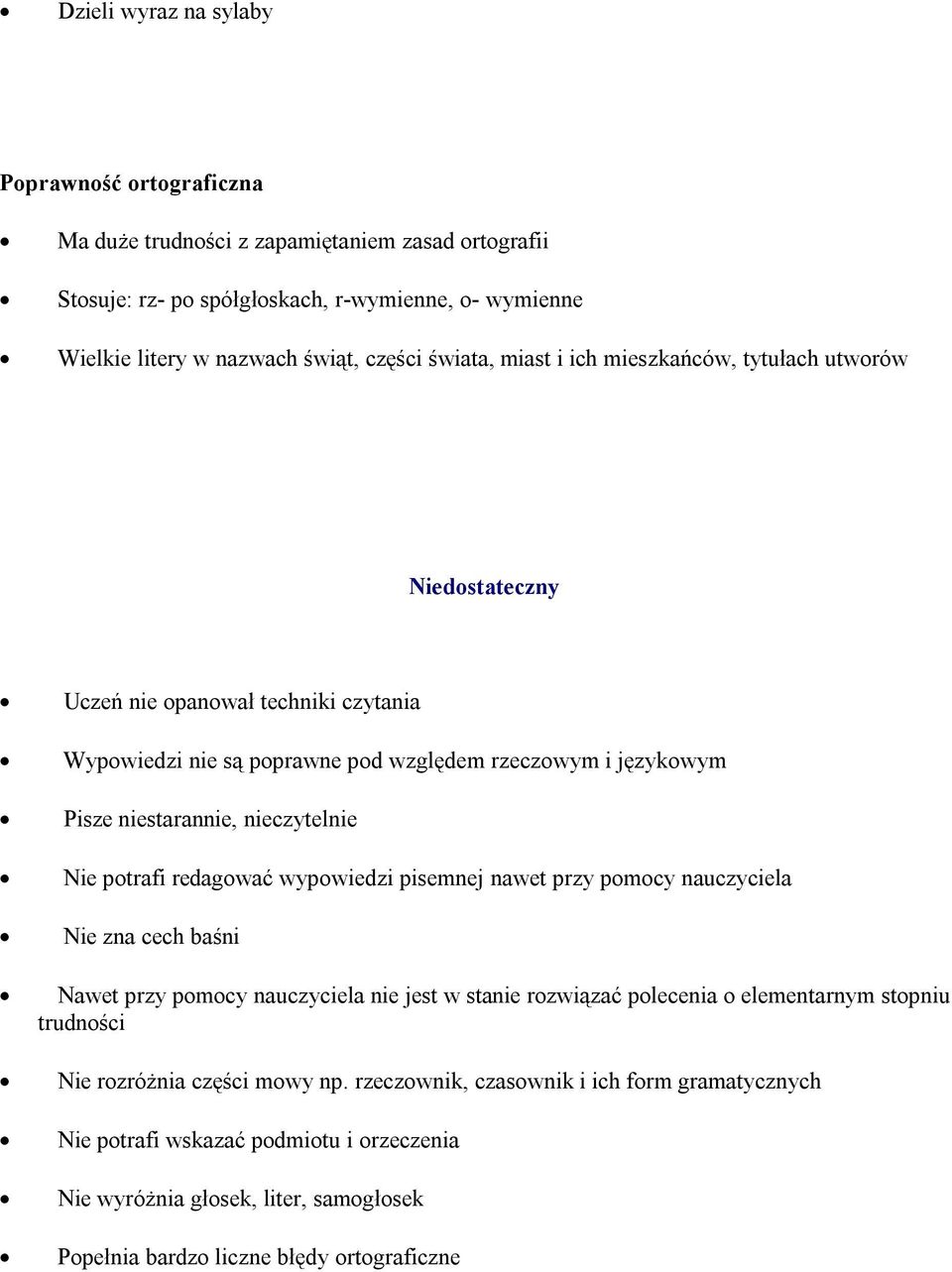 pomocy nauczyciela Nie zna cech baśni Nawet przy pomocy nauczyciela nie jest w stanie rozwiązać polecenia o elementarnym stopniu trudności Nie rozróżnia części mowy