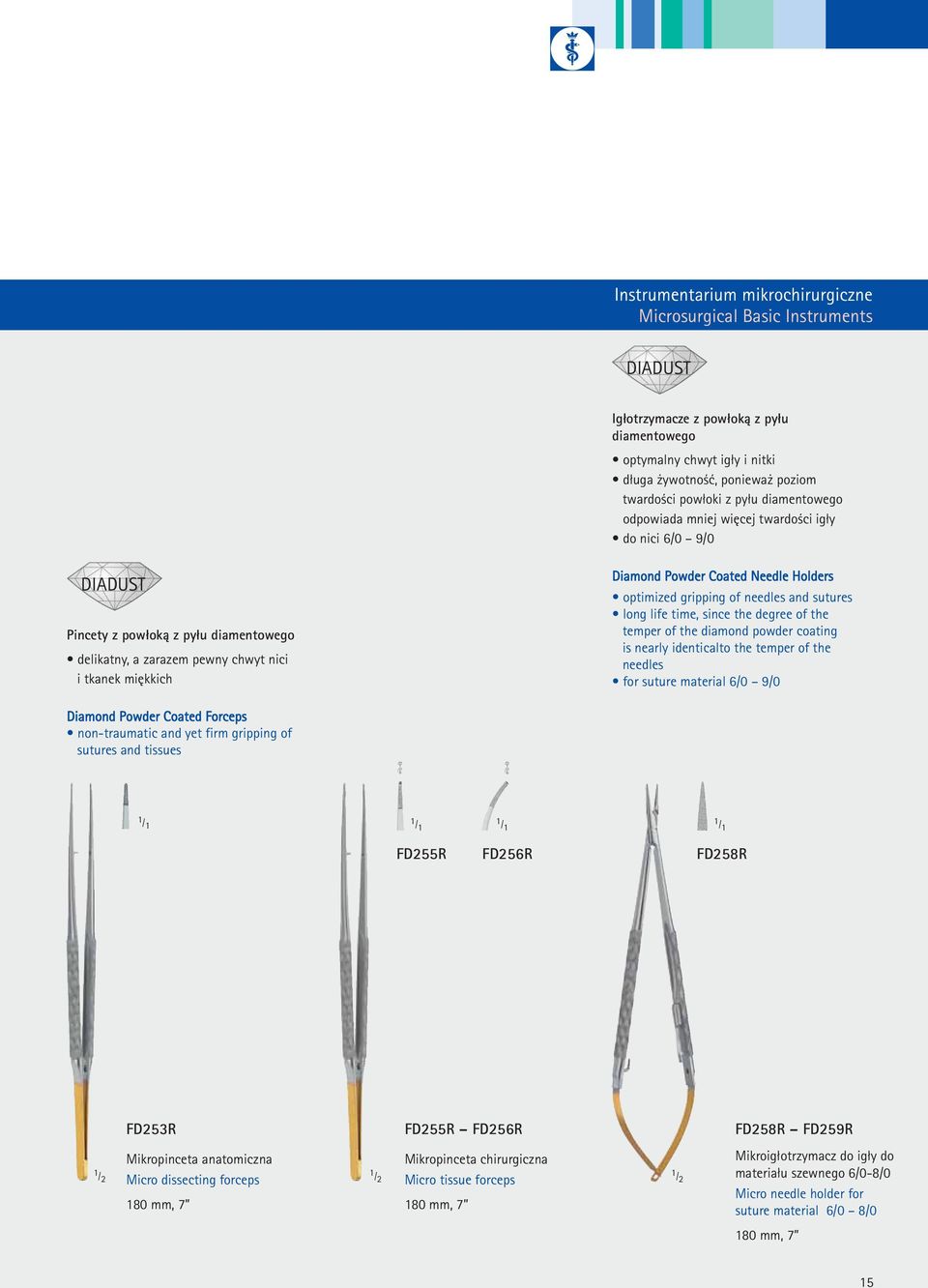 Needle Holders optimized gripping of needles and sutures long life time, since the degree of the temper of the diamond powder coating is nearly identicalto the temper of the needles for suture