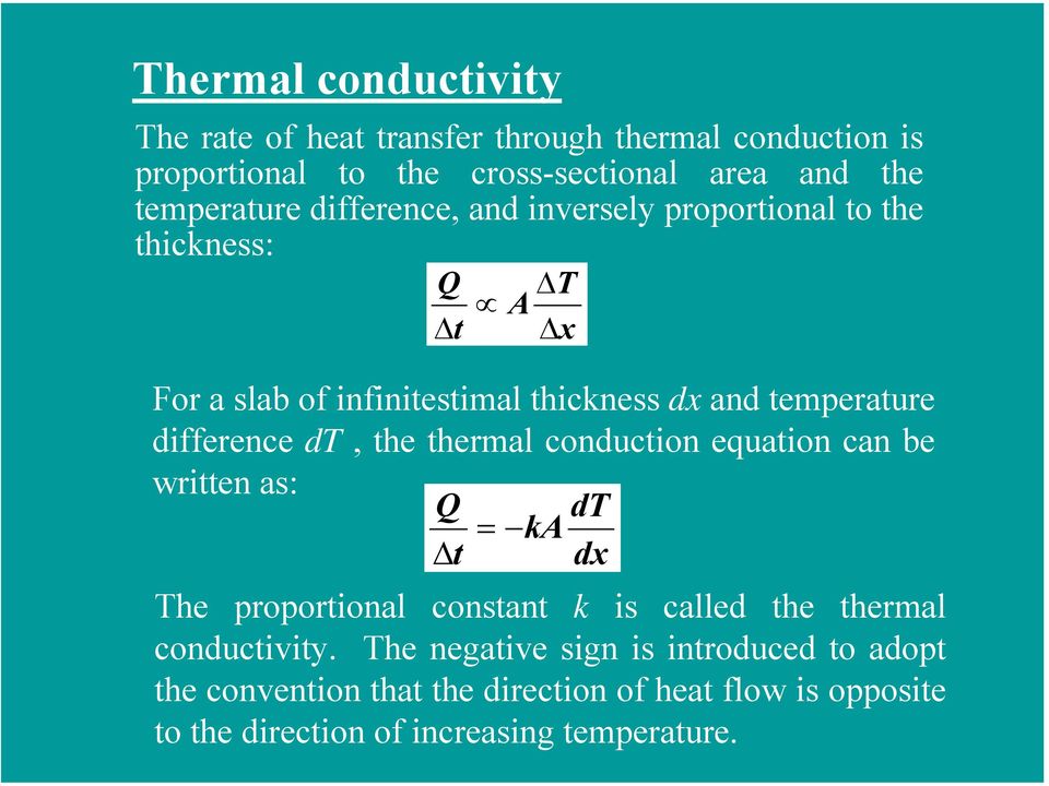 dt, the thermal conduction equation can be written as: Q dt = ka t dx The proportional constant k is called the thermal conductivity.