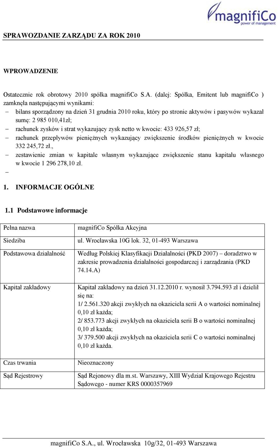 (dalej: Spółka, Emitent lub magnifico ) zamknęła następującymi wynikami: bilans sporządzony na dzień 31 grudnia 2010 roku, który po stronie aktywów i pasywów wykazał sumę: 2 985 010,41zł; rachunek