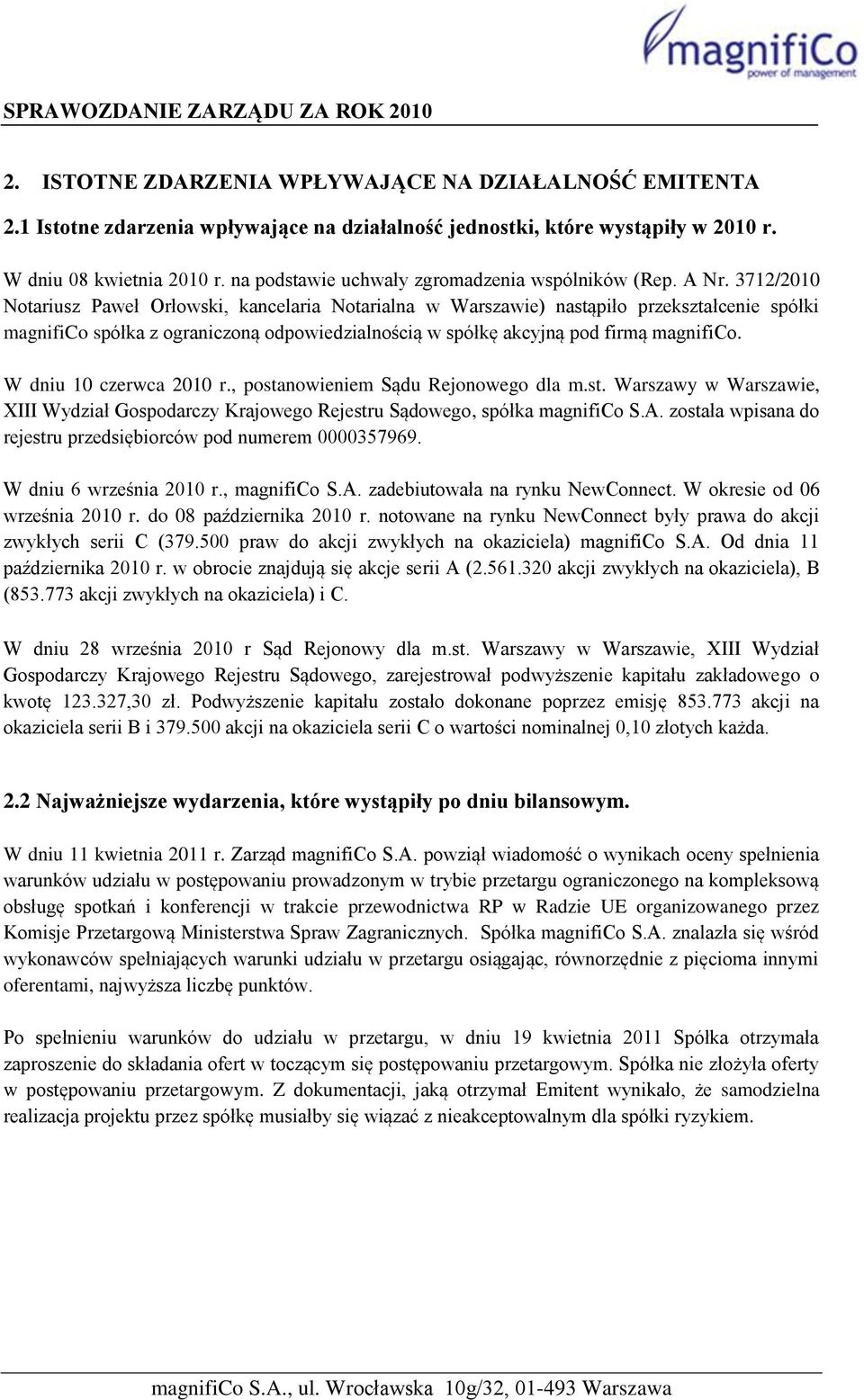 3712/2010 Notariusz Paweł Orłowski, kancelaria Notarialna w Warszawie) nastąpiło przekształcenie spółki magnifico spółka z ograniczoną odpowiedzialnością w spółkę akcyjną pod firmą magnifico.