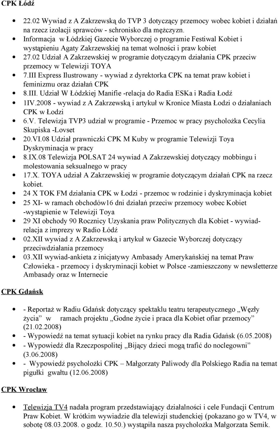 02 Udział A Zakrzewskiej w programie dotyczącym działania CPK przeciw przemocy w Telewizji TOYA 7.III Express Ilustrowany - wywiad z dyrektorka CPK na temat praw kobiet i feminizmu oraz działań CPK 8.