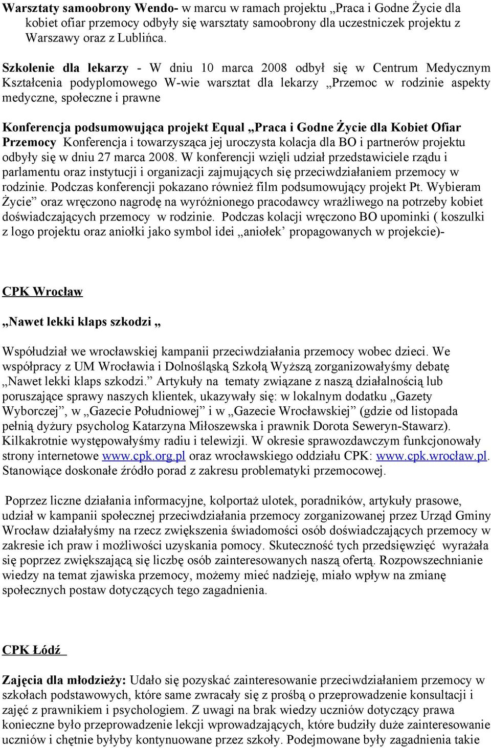 podsumowująca projekt Equal Praca i Godne Życie dla Kobiet Ofiar Przemocy Konferencja i towarzysząca jej uroczysta kolacja dla BO i partnerów projektu odbyły się w dniu 27 marca 2008.