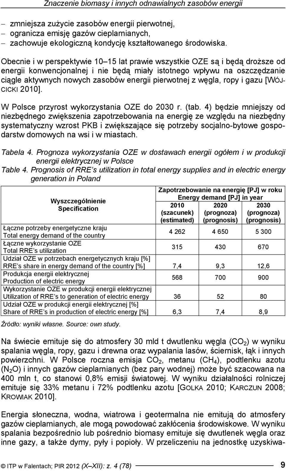 pierwotnej z węgla, ropy i gazu [WÓJ- CICKI 2010]. W Polsce przyrost wykorzystania OZE do 2030 r. (tab.