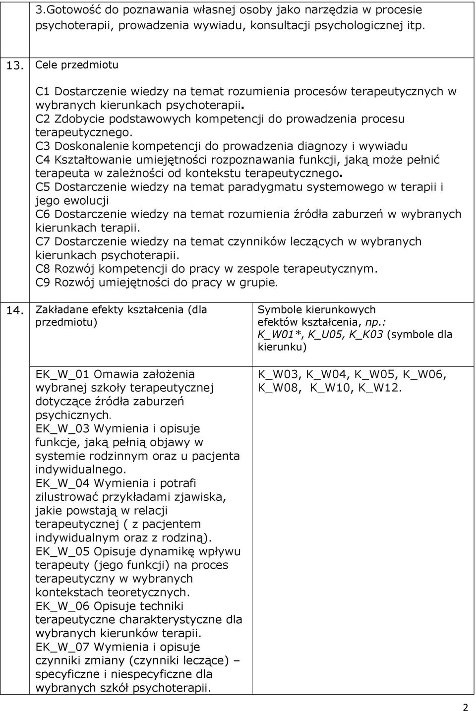 C3 Doskonalenie kompetencji do prowadzenia diagnozy i wywiadu C4 Kształtowanie umiejętności rozpoznawania funkcji, jaką może pełnić terapeuta w zależności od kontekstu terapeutycznego.