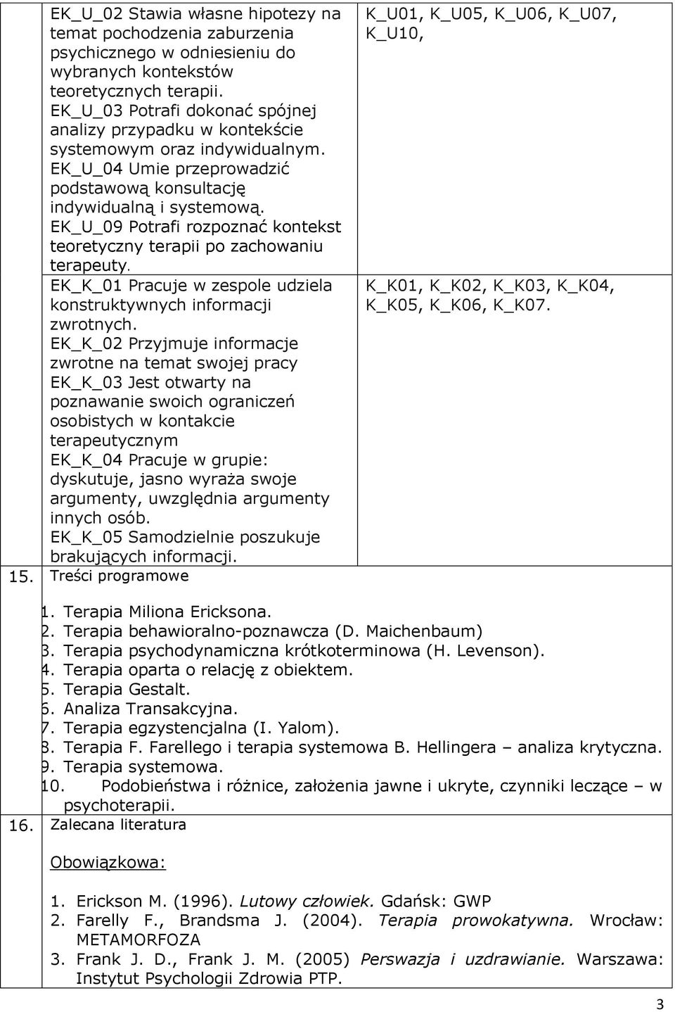 EK_U_09 Potrafi rozpoznać kontekst teoretyczny terapii po zachowaniu terapeuty. EK_K_01 Pracuje w zespole udziela konstruktywnych informacji zwrotnych.