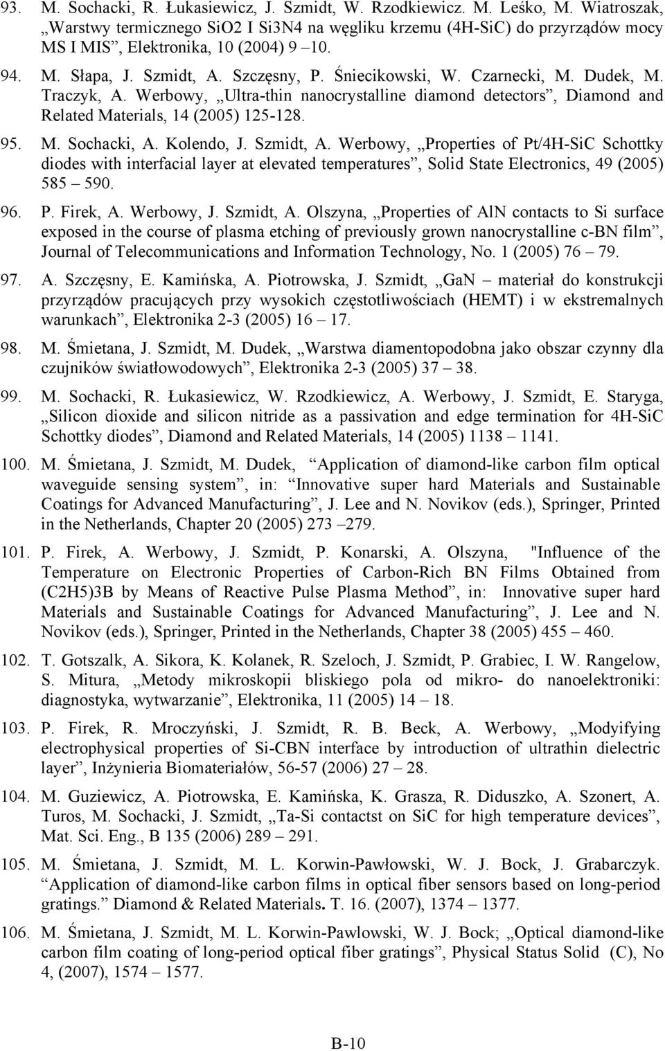 Czarnecki, M. Dudek, M. Traczyk, A. Werbowy, Ultra-thin nanocrystalline diamond detectors, Diamond and Related Materials, 14 (2005) 125-128. 95. M. Sochacki, A. Kolendo, J. Szmidt, A.