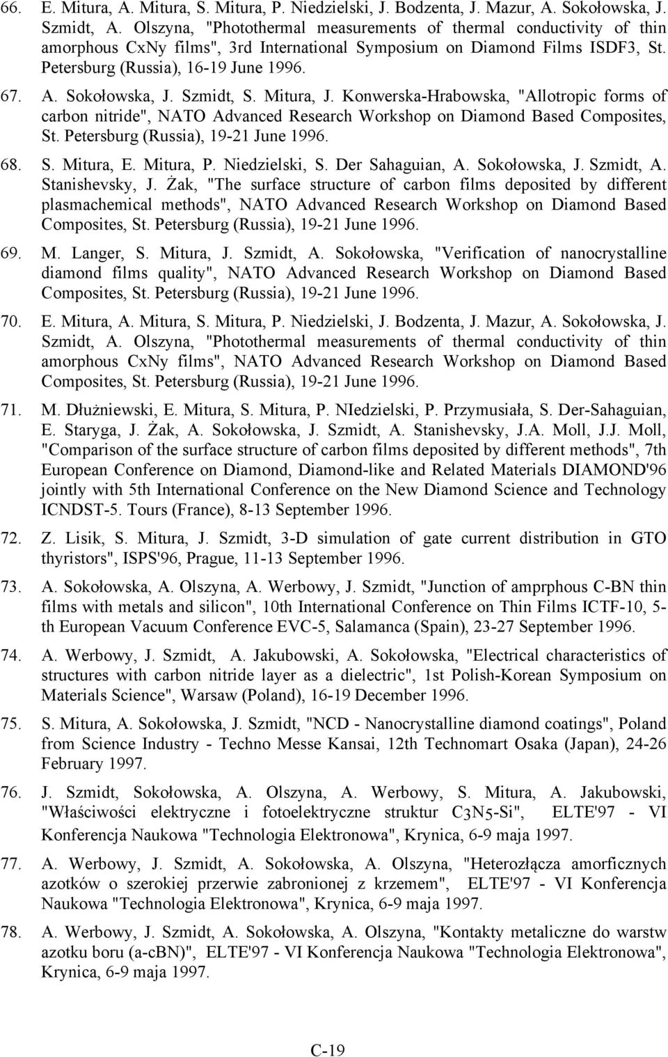 Sokołowska, J. Szmidt, S. Mitura, J. Konwerska-Hrabowska, "Allotropic forms of carbon nitride", NATO Advanced Research Workshop on Diamond Based Composites, St. Petersburg (Russia), 19-21 June 1996.