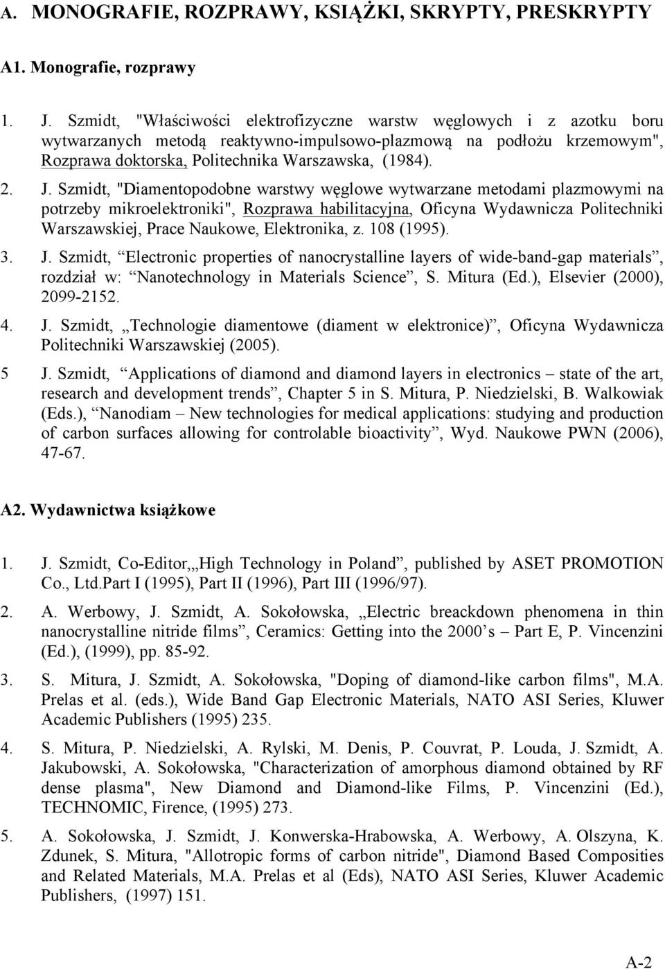 Szmidt, "Diamentopodobne warstwy węglowe wytwarzane metodami plazmowymi na potrzeby mikroelektroniki", Rozprawa habilitacyjna, Oficyna Wydawnicza Politechniki Warszawskiej, Prace Naukowe,