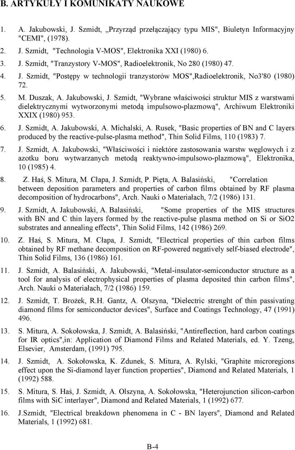 Szmidt, "Wybrane właściwości struktur MIS z warstwami dielektrycznymi wytworzonymi metodą impulsowo-plazmową", Archiwum Elektroniki XXIX (1980) 953. 6. J. Szmidt, A. Jakubowski, A. Michalski, A.