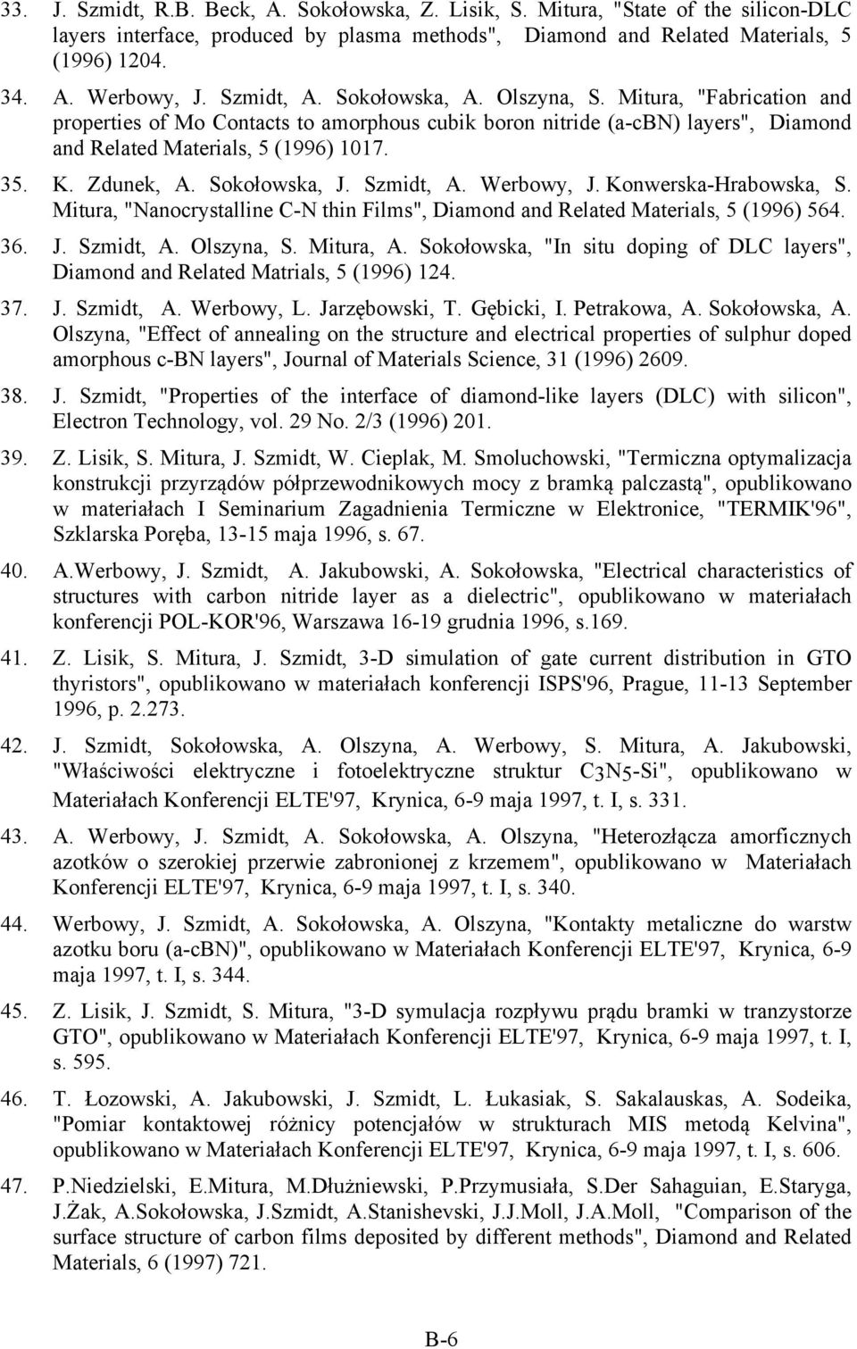 Zdunek, A. Sokołowska, J. Szmidt, A. Werbowy, J. Konwerska-Hrabowska, S. Mitura, "Nanocrystalline C-N thin Films", Diamond and Related Materials, 5 (1996) 564. 36. J. Szmidt, A. Olszyna, S. Mitura, A.