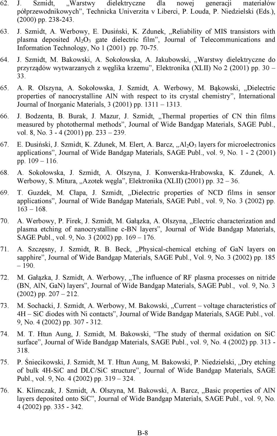 64. J. Szmidt, M. Bakowski, A. Sokołowska, A. Jakubowski, Warstwy dielektryczne do przyrządów wytwarzanych z węglika krzemu, Elektronika (XLII) No 2 (2001) pp. 30 33. 65. A. R. Olszyna, A.