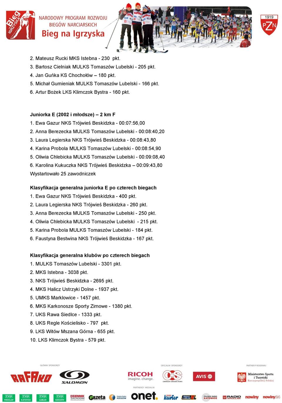 Laura Legierska NKS Trójwieś Beskidzka - 00:08:43,80 4. Karina Probola MULKS Tomaszów Lubelski - 00:08:54,90 5. Oliwia Chlebicka MULKS Tomaszów Lubelski - 00:09:08,40 6.