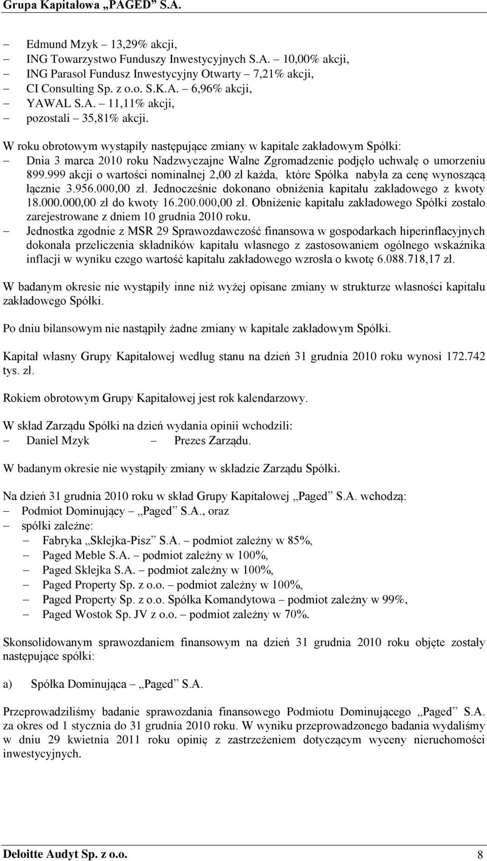 999 akcji o wartości nominalnej 2,00 zł każda, które Spółka nabyła za cenę wynoszącą łącznie 3.956.000,00 zł. Jednocześnie dokonano obniżenia kapitału zakładowego z kwoty 18.000.000,00 zł do kwoty 16.