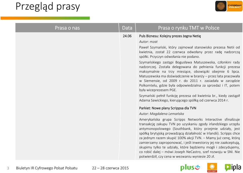 Przyczyn odwołania nie podano. Szymańskiego zastąpi Bogusława Matuszewska, członkini rady nadzorczej.