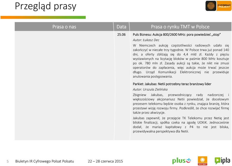 W Polsce trwa już ponad 140 dni, a oferty zbliżają się do 4,4 mld zł. Każdy z pięciu wystawionych na licytację bloków w paśmie 800 MHz kosztuje po ok. 780 mln zł.