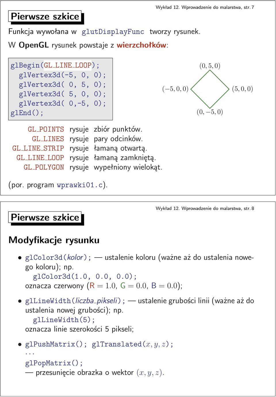 GL LINES rysuje pary odcinków. GL LINE STRIP rysuje łamaną otwartą. GL LINE LOOP rysuje łamaną zamkniętą. GL POLYGON rysuje wypełniony wielokąt. (por. program wprawki01.c). Pierwsze szkice Wykład 12.