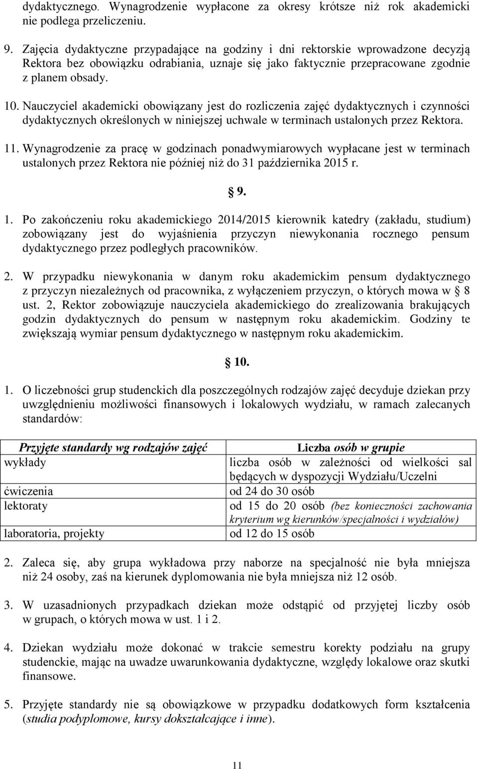 Nauczyciel akademicki obowiązany jest do rozliczenia zajęć dydaktycznych i czynności dydaktycznych określonych w niniejszej uchwale w terminach ustalonych przez Rektora. 11.