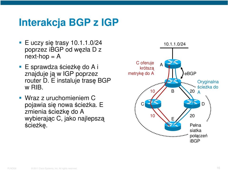 router D. E instaluje trasę BGP w RIB. Wraz z uruchomieniem C pojawia się nowa ścieżka.