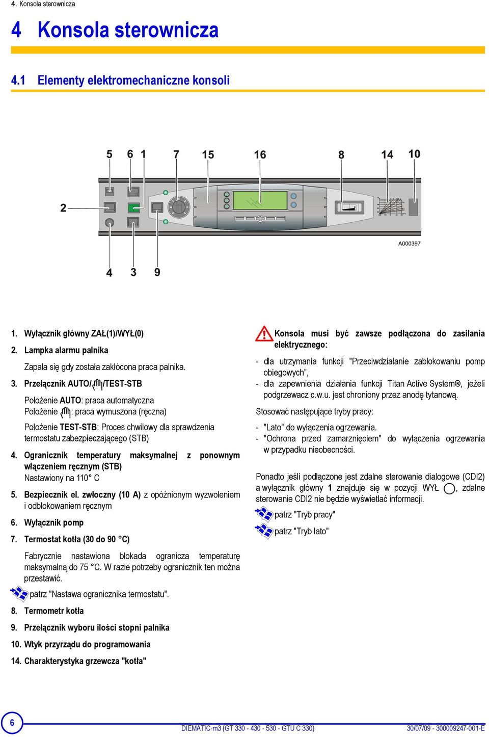 Ogranicznik temperatury maksymalnej z ponownym włączeniem ręcznym (STB) Nastawiony na 110 C 5. Bezpiecznik el. zwłoczny (10 A) z opóźnionym wyzwoleniem i odblokowaniem ręcznym 6. Wyłącznik pomp 7.