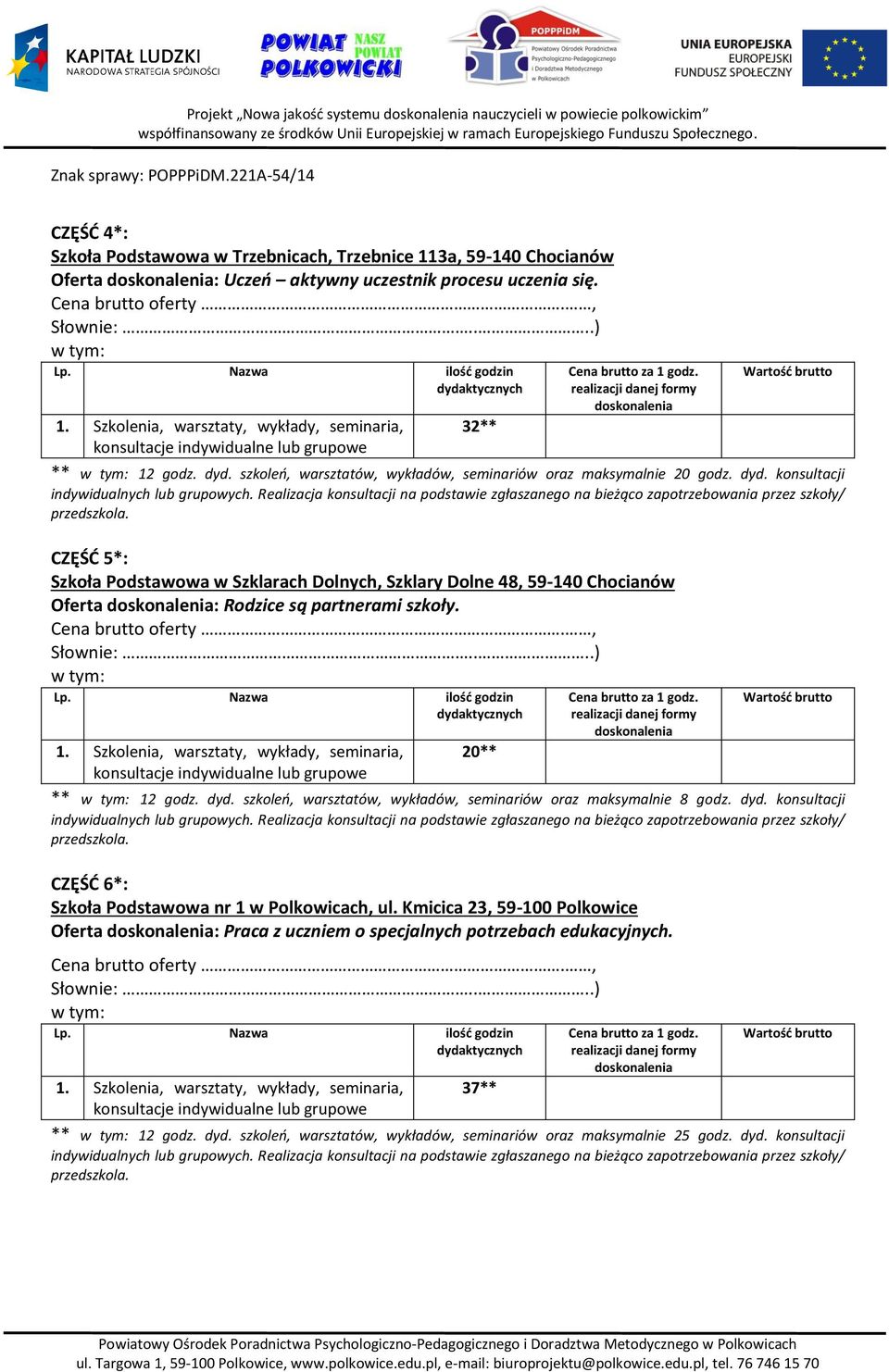 konsultacji CZĘŚĆ 5*: Szkoła Podstawowa w Szklarach Dolnych, Szklary Dolne 48, 59-140 Chocianów Oferta : Rodzice są partnerami szkoły. 1. Szkolenia, warsztaty, wykłady, seminaria, 20** ** 12 godz.