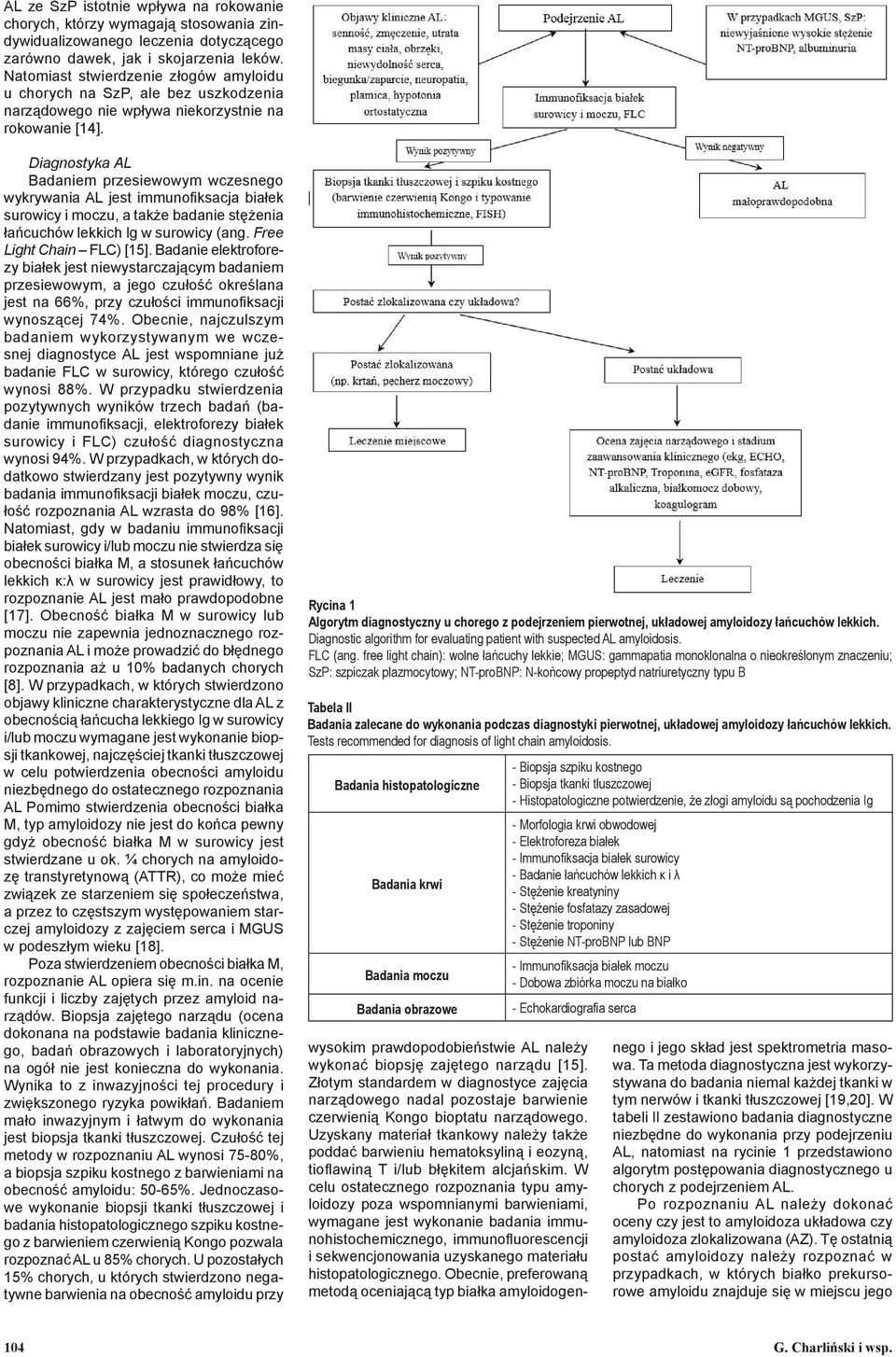 Diagnostyka AL Badaniem przesiewowym wczesnego wykrywania AL jest immunofiksacja białek surowicy i moczu, a także badanie stężenia łańcuchów lekkich Ig w surowicy (ang. Free Light Chain FLC) [15].