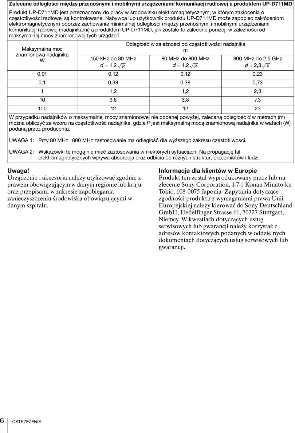 Nabywca lub użytkownik produktu UP-D711MD może zapobiec zakłóceniom elektromagnetycznym poprzez zachowanie minimalnej odległości między przenośnymi i mobilnymi urządzeniami komunikacji radiowej